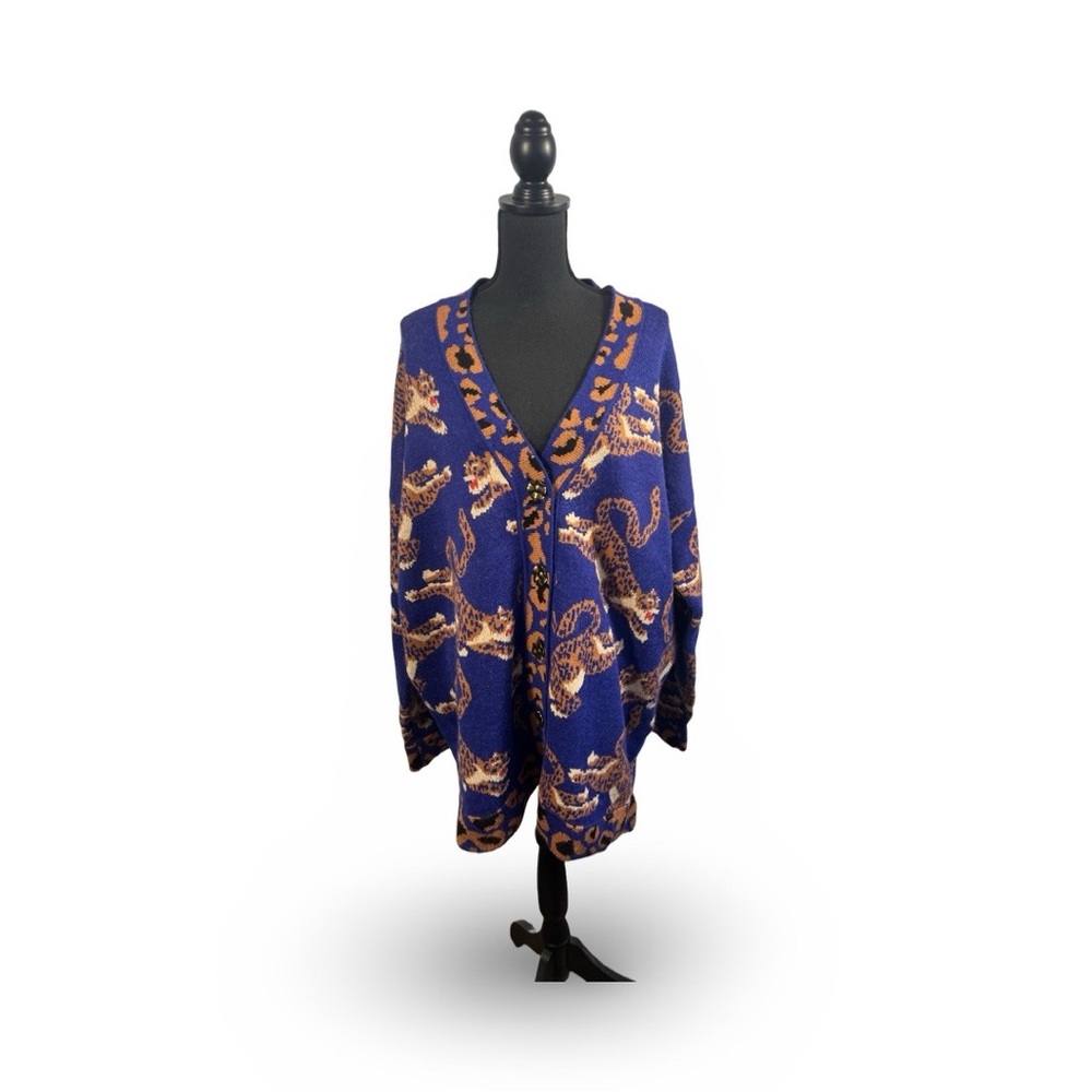 Farm Rio Leopard Navy Blue Knit Cardigan Sz XL